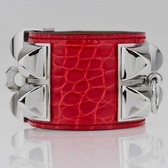 Hermes Geranium Shiny Lisse Alligator Palladium Plated Collier de Chien Cuff - Picture 3 of 8